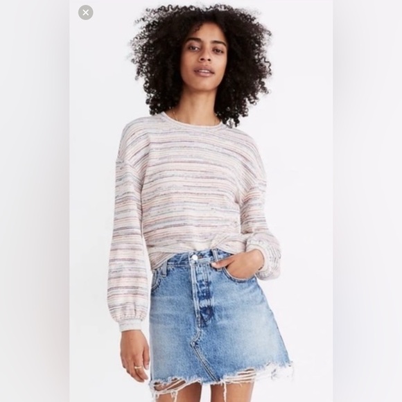Madewell Rainbow Stripe Bubble Sleeve Crop Top Large Soft Girl Cozy Coastal - Picture 1 of 6